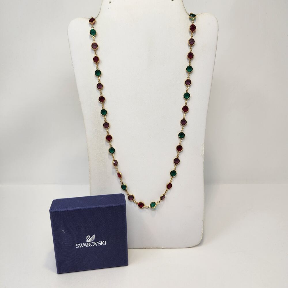 Swarovski Multi Color Crystal Bezel Set Gold Tone Long Necklace Red Green Purple